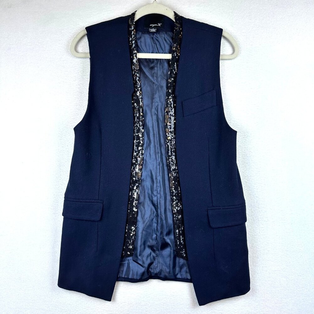 Aryn K. Navy Sequin Wool Vest Womens S Vampira Goth Office Chic Party Glam